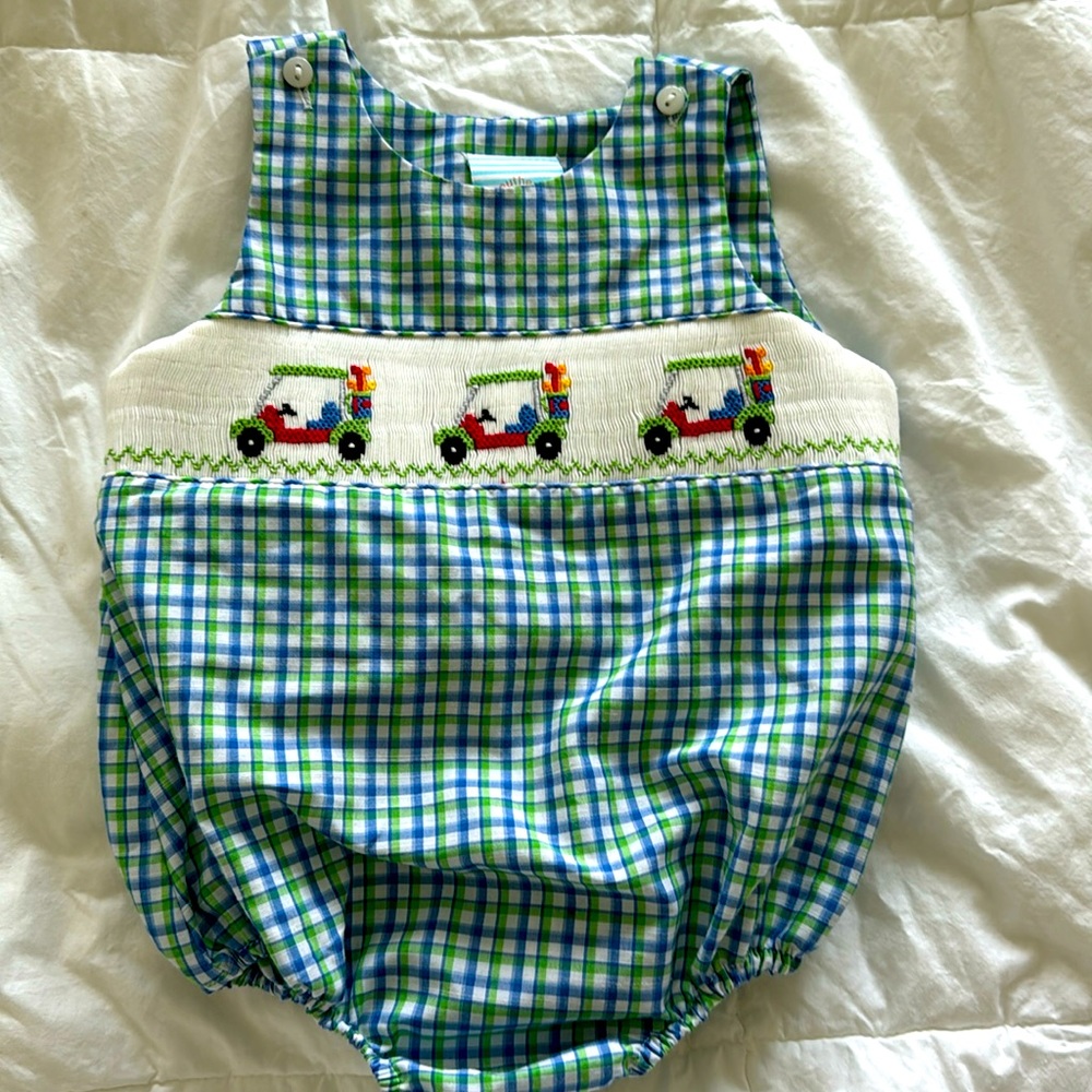 Sweet Southern Sunshine Bubble Onsie with Golf Cart Smocking 6M - Like New